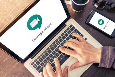 Antalya, TURKEY - May 14, 2020. Computer and smart phone showing Google Meet app logo.