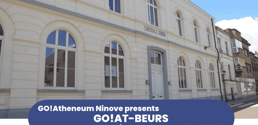 Gebouw van de regionale beurs GO!AT Ninove met promotiebanner.