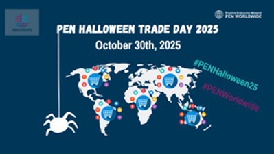 Wereldkaart met PEN Halloween Trade Day 2025 logo en hashtags.