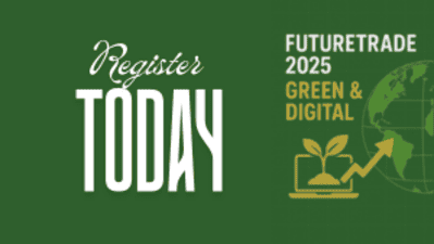 Logo FutureTrade 2025 met groene en digitale elementen en wereldbol.